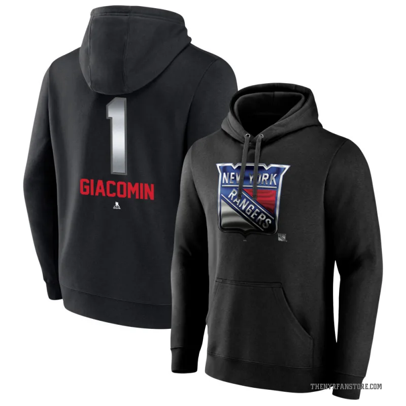 Eddie Giacomin Men's Black New York Rangers Branded Midnight Mascot Logo Pullover Hoodie