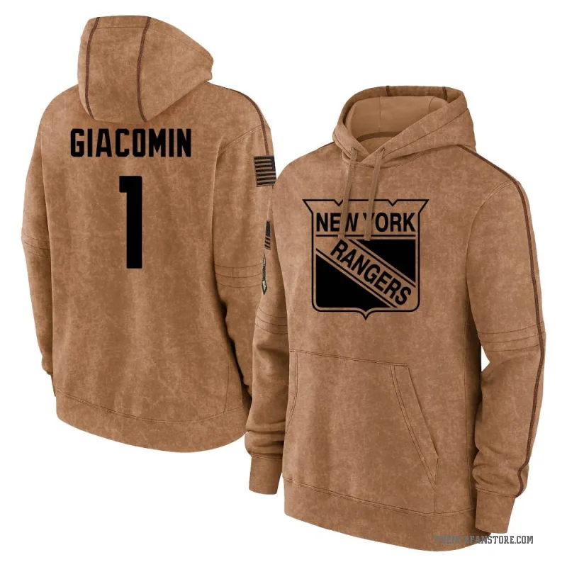 Eddie Giacomin Men's Brown New York Rangers 2023 Salute to Service Club Pullover Hoodie