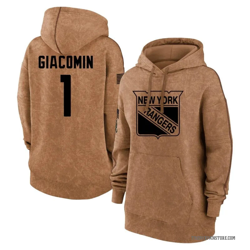 Eddie Giacomin Women's Brown New York Rangers 2023 Salute to Service Pullover Hoodie